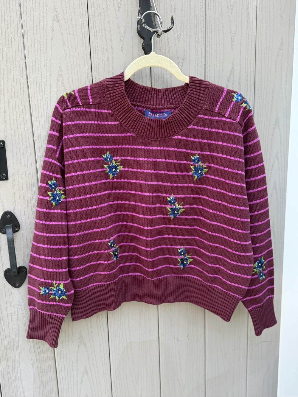 Joseph Burgundy & Pink Striped Crewneck Sweater w/Floral Sparkle Embroidery